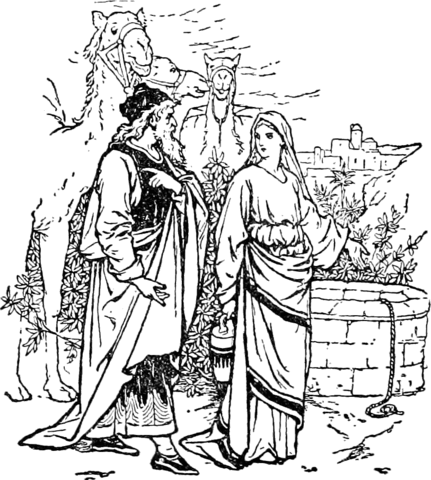 Rebekah Offers Water To Abraham'S Servant And Camels Coloring Page